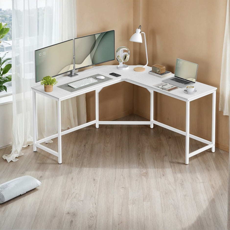 L-Shaped Corner Desk – Wood and Metal – Greige and Black – Space-Saving Design
