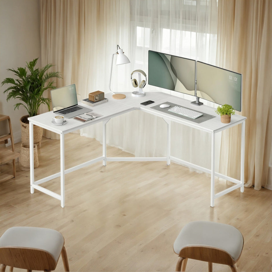 L-Shaped Corner Desk – Wood and Metal – Greige and Black – Space-Saving Design