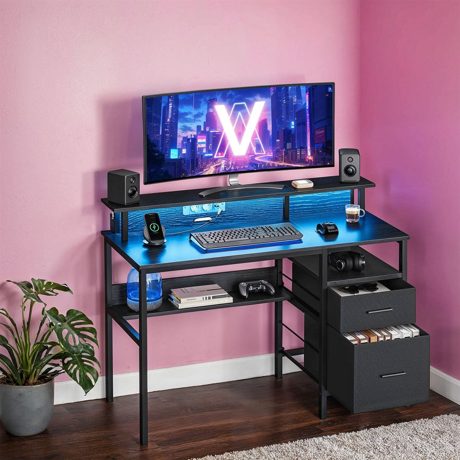 Gaming Corner Desk – MDF – Ebony Black – Built-In Power Outlets and LED Lights, Monitor Shelf, Fabric Drawers