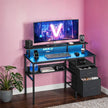 Gaming Corner Desk – MDF – Ebony Black – Built-In Power Outlets and LED Lights, Monitor Shelf, Fabric Drawers
