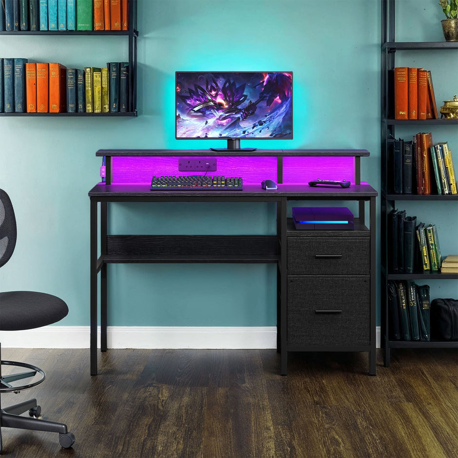 Gaming Corner Desk – MDF – Ebony Black – Built-In Power Outlets and LED Lights, Monitor Shelf, Fabric Drawers