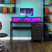 Gaming Corner Desk – MDF – Ebony Black – Built-In Power Outlets and LED Lights, Monitor Shelf, Fabric Drawers