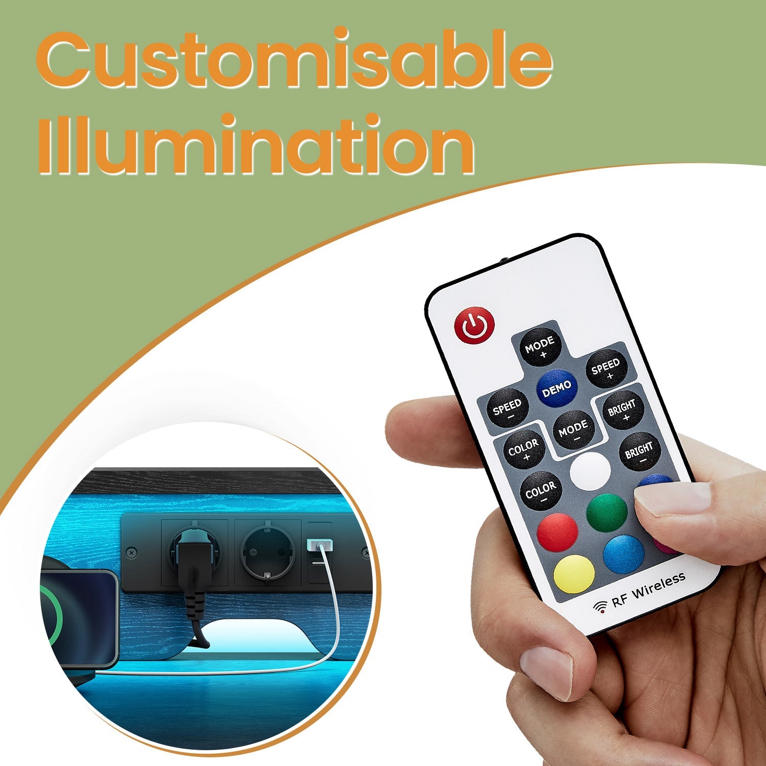 Gaming Corner Desk – MDF – Ebony Black – Built-In Power Outlets and LED Lights, Monitor Shelf, Fabric Drawers