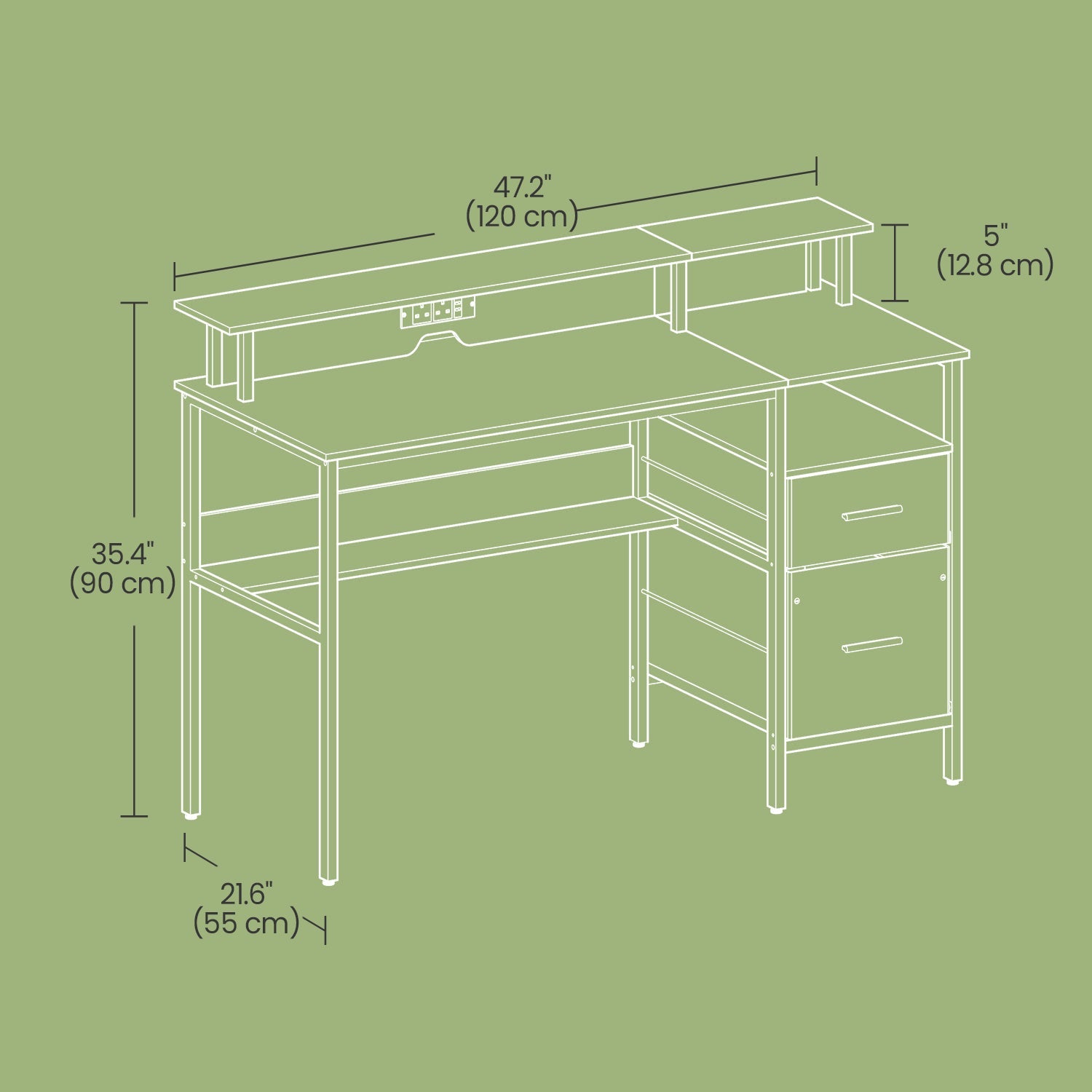 Gaming Corner Desk – MDF – Ebony Black – Built-In Power Outlets and LED Lights, Monitor Shelf, Fabric Drawers