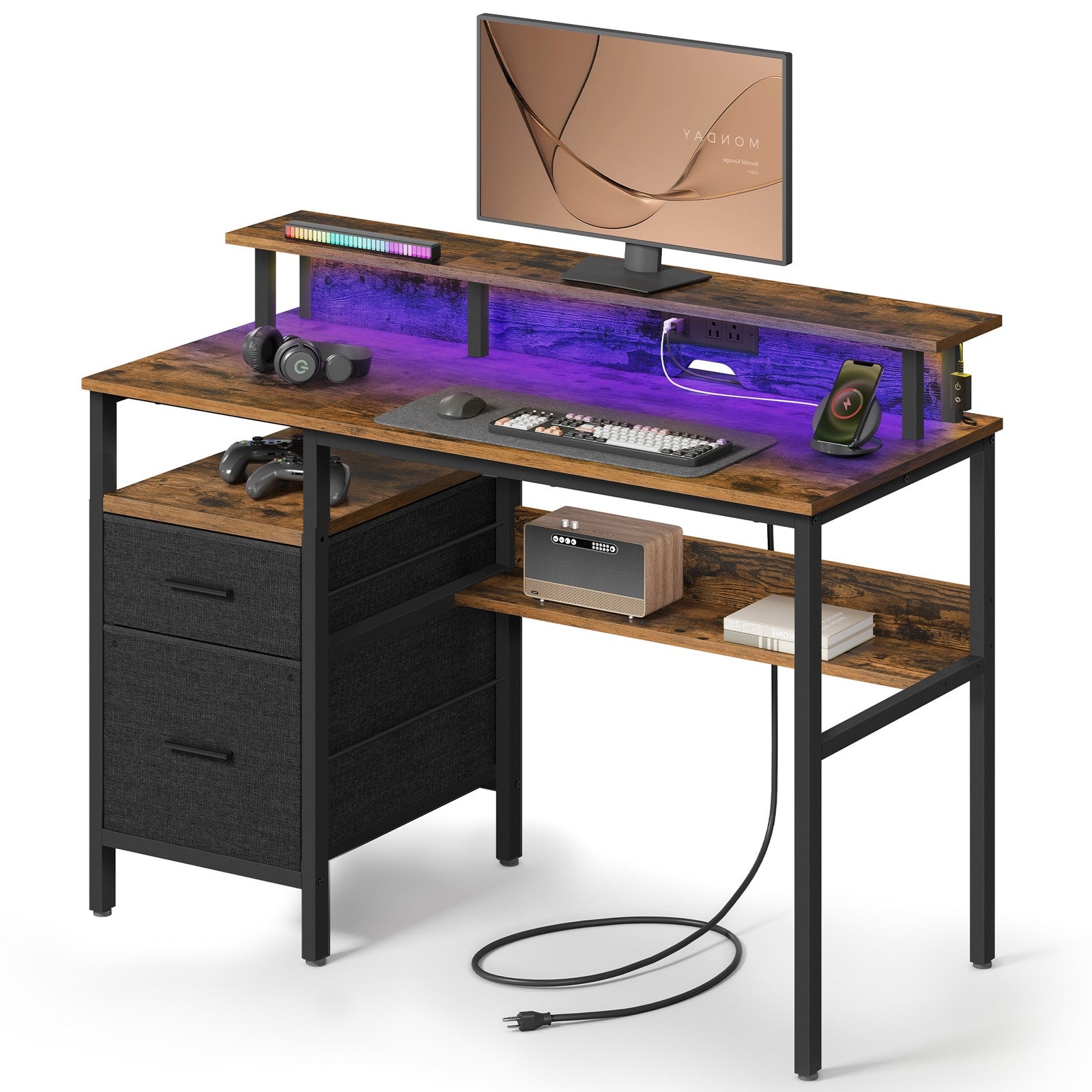 Computer Desk – Wood – Ebony Black – Built-In Power Outlets with Monitor Stand and LED Lighting