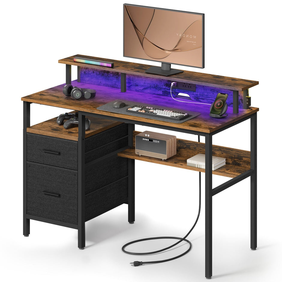 Computer Desk – Wood – Ebony Black – Built-In Power Outlets with Monitor Stand and LED Lighting
