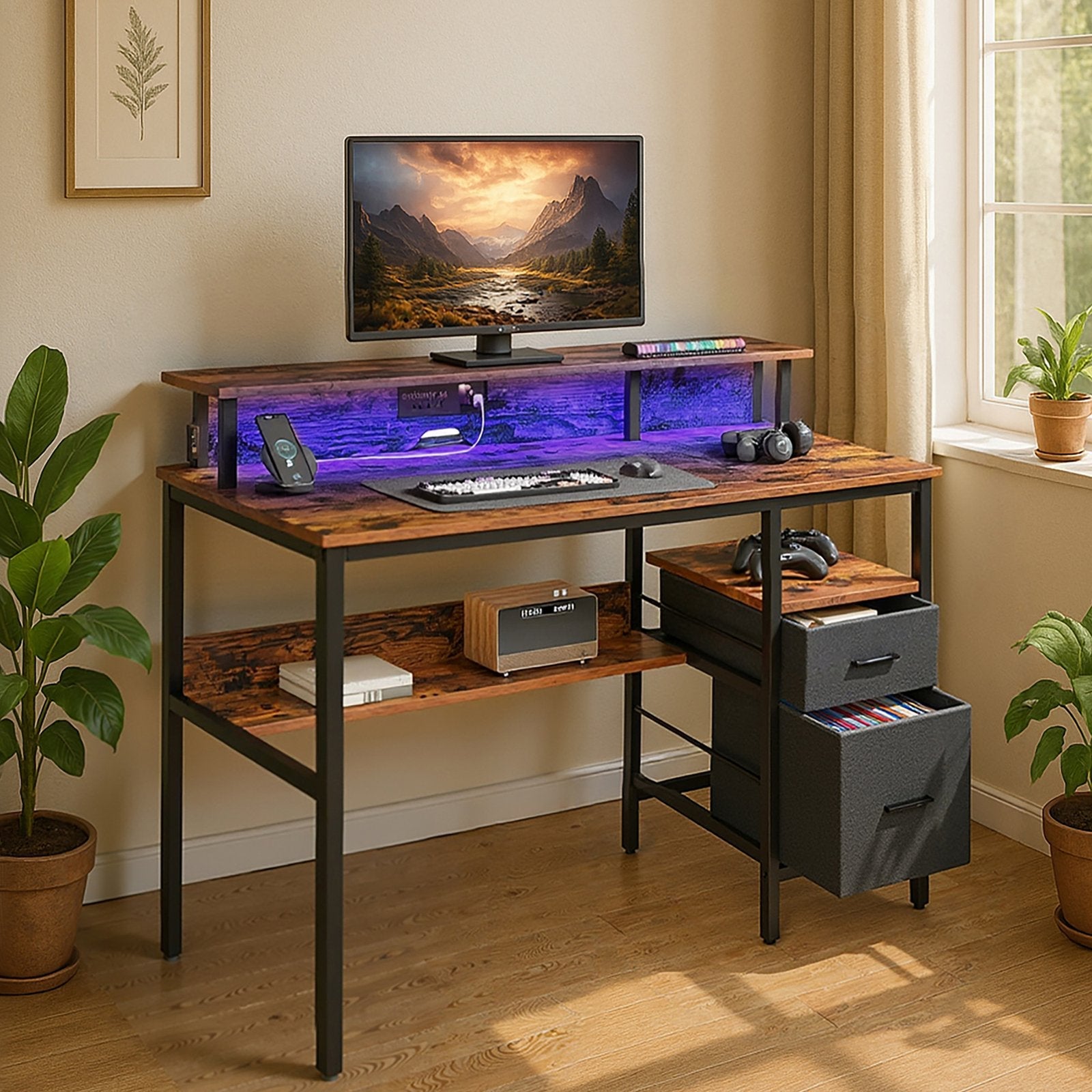 Computer Desk – Wood – Ebony Black – Built-In Power Outlets with Monitor Stand and LED Lighting
