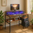 Computer Desk – Wood – Ebony Black – Built-In Power Outlets with Monitor Stand and LED Lighting