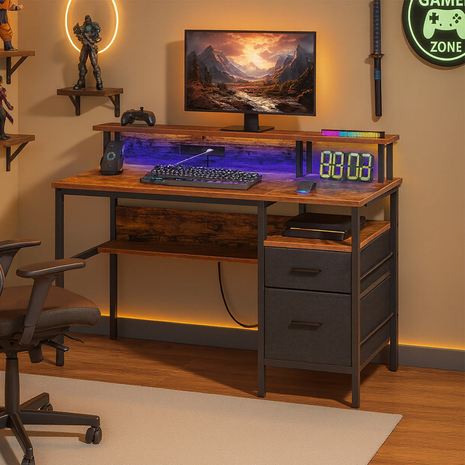Computer Desk – Wood – Ebony Black – Built-In Power Outlets with Monitor Stand and LED Lighting