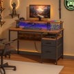 Computer Desk – Wood – Ebony Black – Built-In Power Outlets with Monitor Stand and LED Lighting