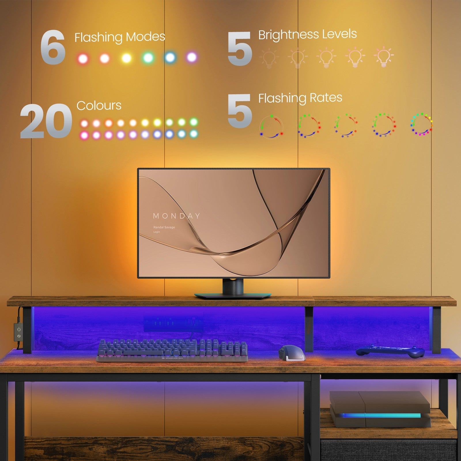 Computer Desk – Wood – Ebony Black – Built-In Power Outlets with Monitor Stand and LED Lighting