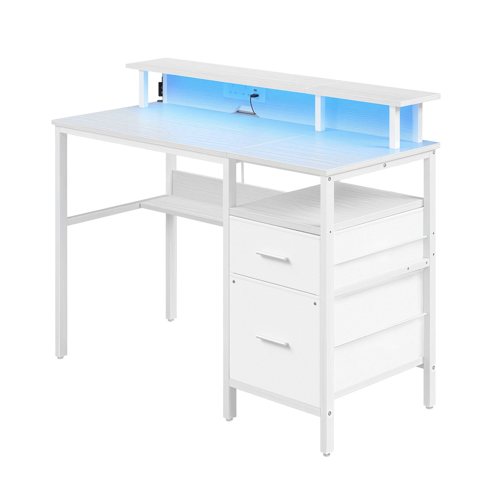 Computer Desk – Wood – Ebony Black – Built-In Power Outlets with Monitor Stand and LED Lighting