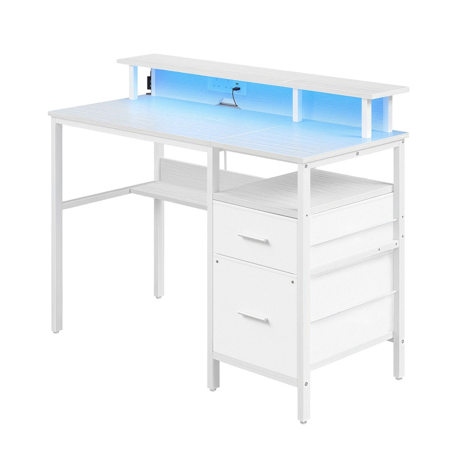 Computer Desk – Wood – Ebony Black – Built-In Power Outlets with Monitor Stand and LED Lighting
