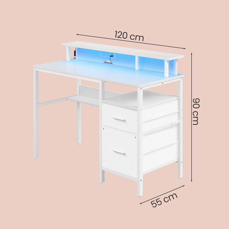 Computer Desk – Wood – Ebony Black – Built-In Power Outlets with Monitor Stand and LED Lighting
