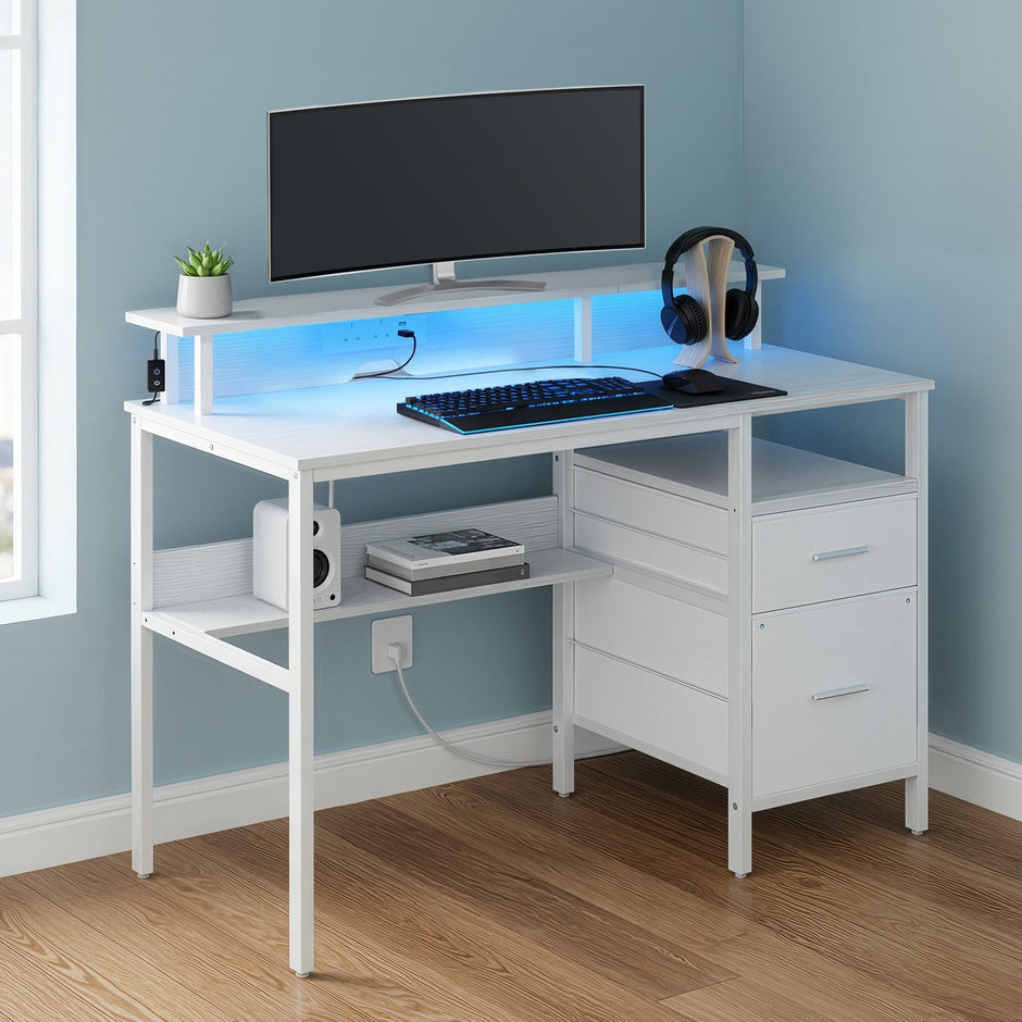 Computer Desk – Wood – Ebony Black – Built-In Power Outlets with Monitor Stand and LED Lighting