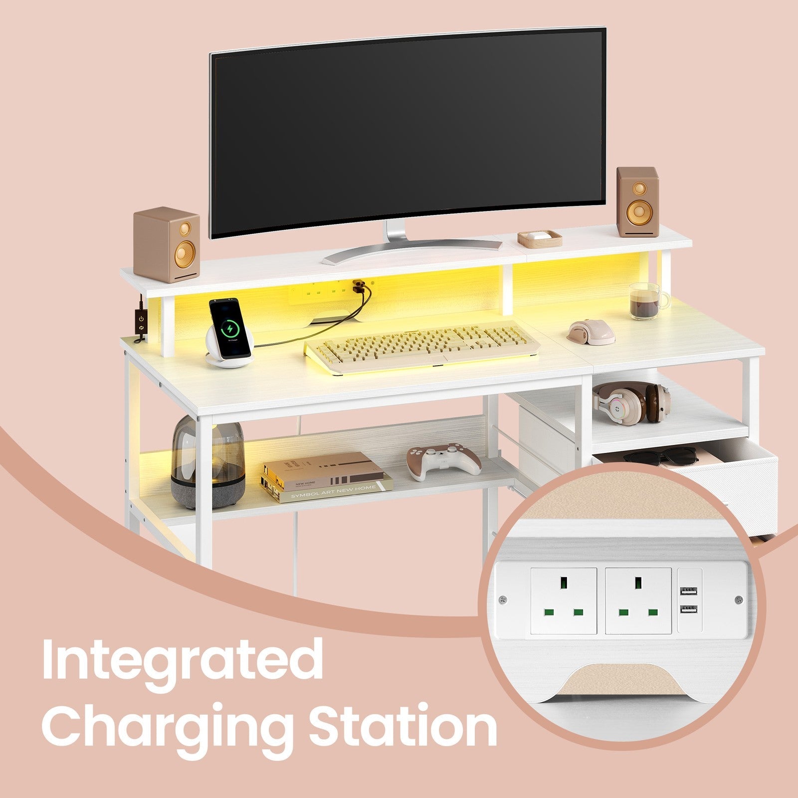 Computer Desk – Wood – Ebony Black – Built-In Power Outlets with Monitor Stand and LED Lighting