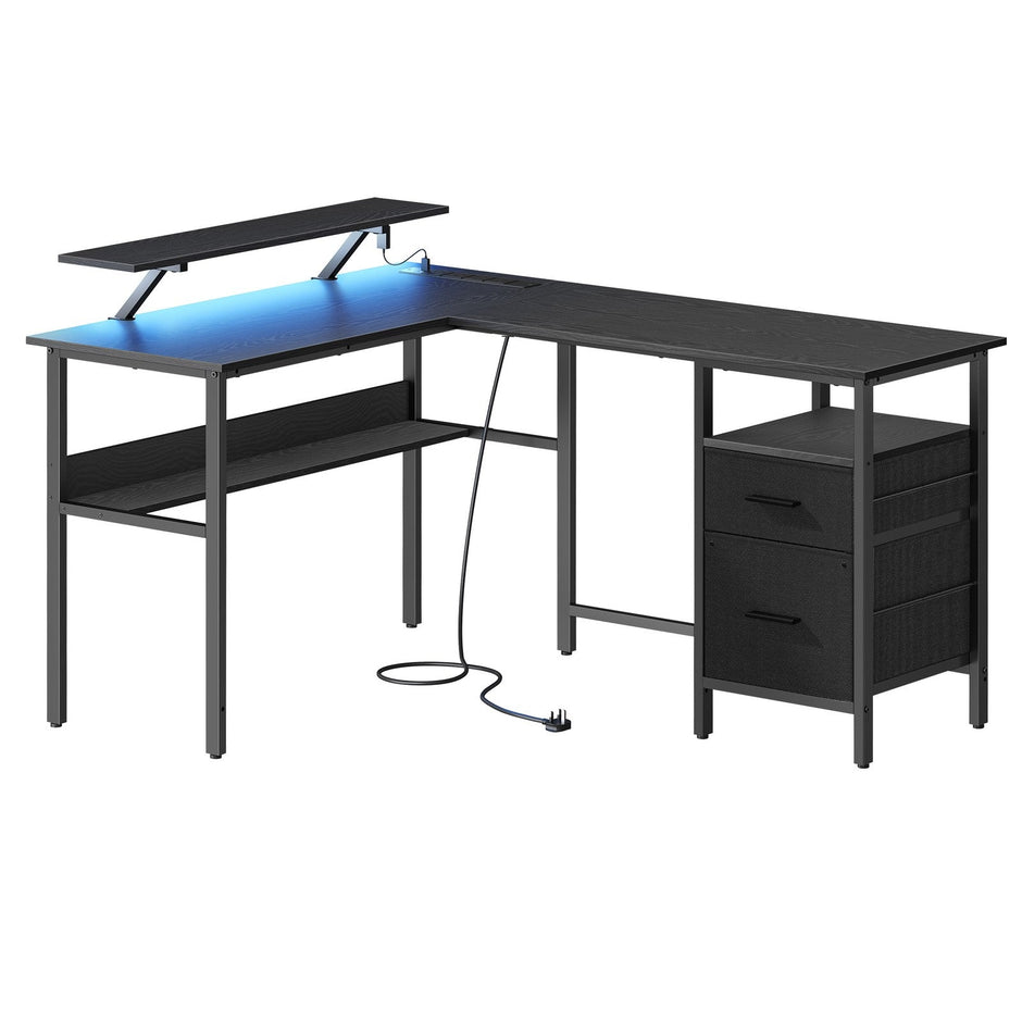 L-Shaped Corner Desk – Wood – Modern Finish – Includes Power Outlets and Monitor Shelf