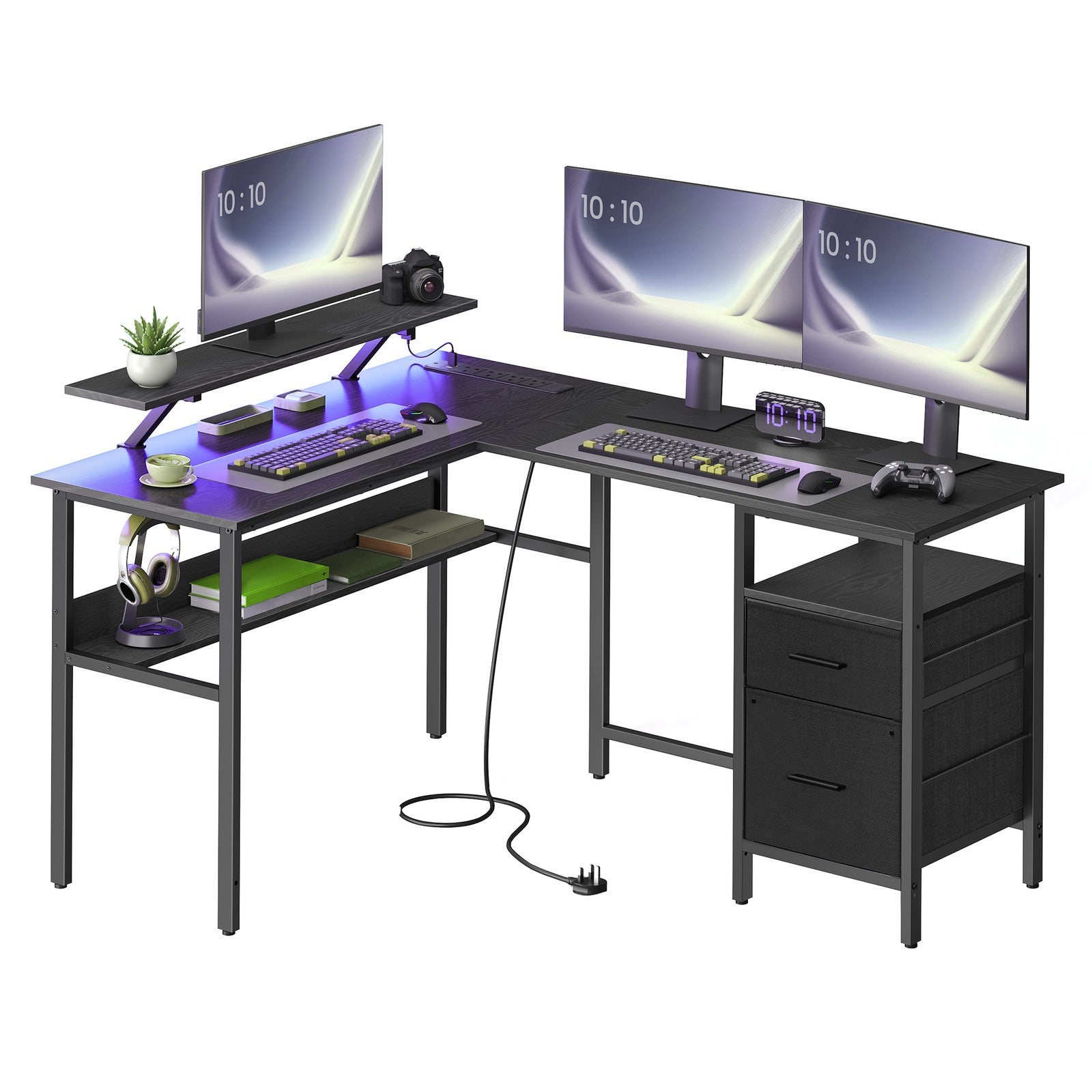 L-Shaped Corner Desk – Wood – Modern Finish – Includes Power Outlets and Monitor Shelf
