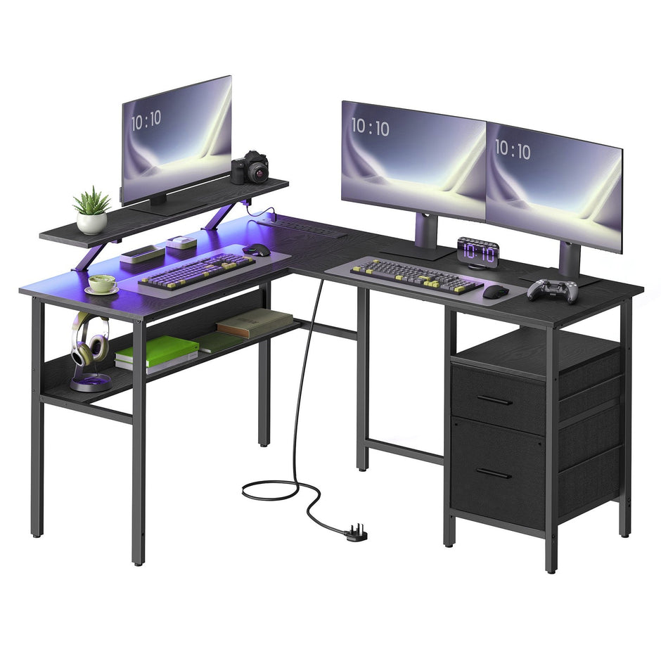 L-Shaped Corner Desk – Wood – Modern Finish – Includes Power Outlets and Monitor Shelf