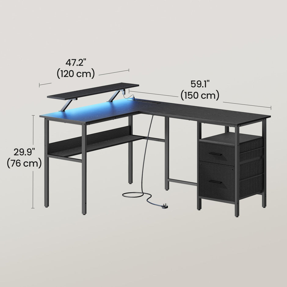 L-Shaped Corner Desk – Wood – Modern Finish – Includes Power Outlets and Monitor Shelf