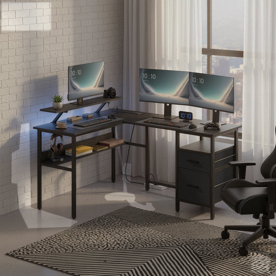 L-Shaped Corner Desk – Wood – Modern Finish – Includes Power Outlets and Monitor Shelf