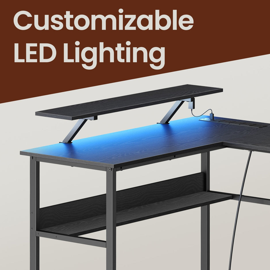 L-Shaped Corner Desk – Wood – Modern Finish – Includes Power Outlets and Monitor Shelf