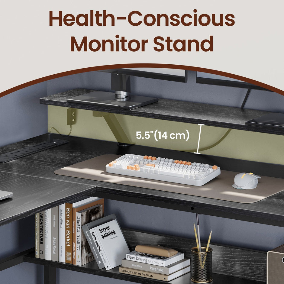 L-Shaped Corner Desk – Wood – Modern Finish – Includes Power Outlets and Monitor Shelf