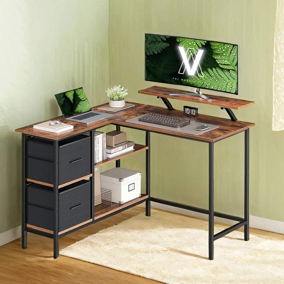 Corner Computer Desk – Wood – Brown – L-Shaped with Monitor Stand and Adjustable Shelf