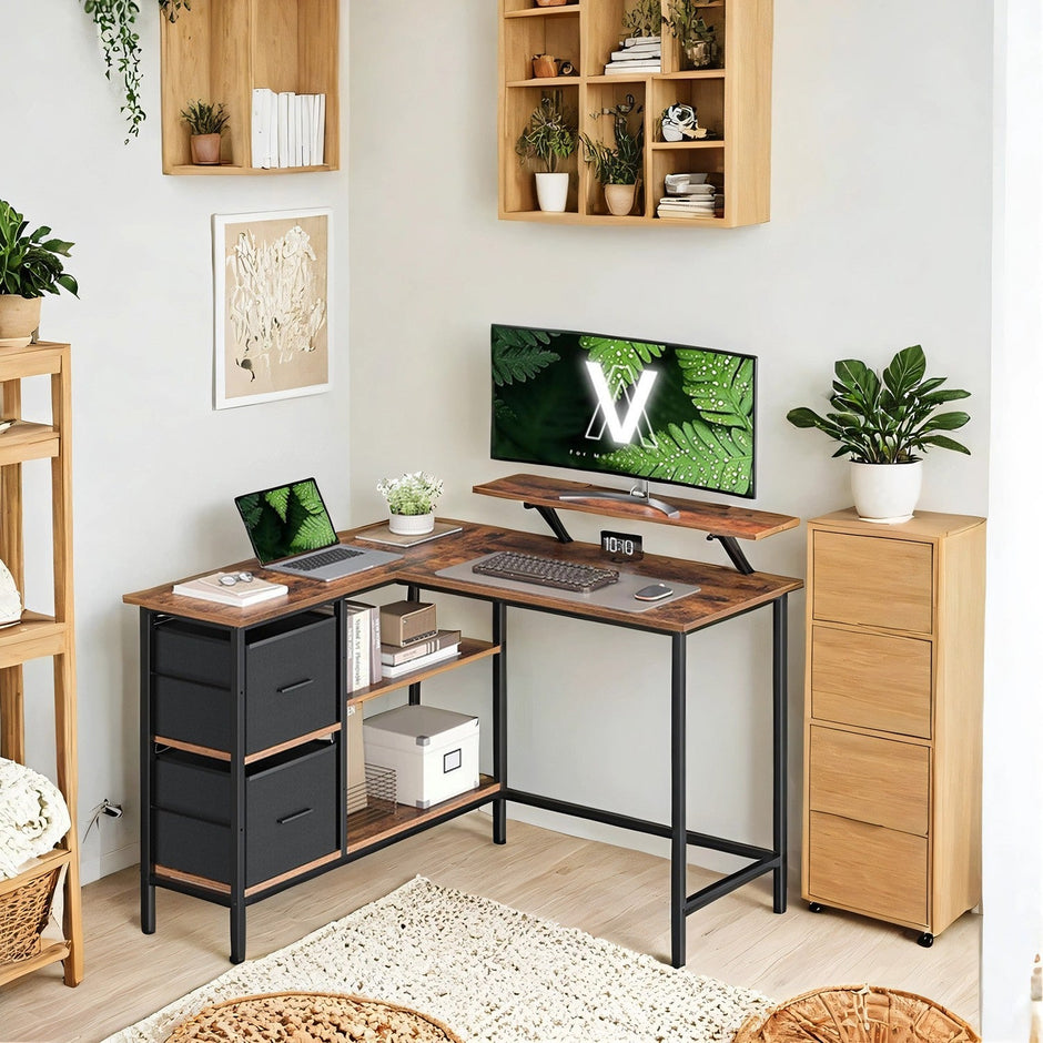 Corner Computer Desk – Wood – Brown – L-Shaped with Monitor Stand and Adjustable Shelf