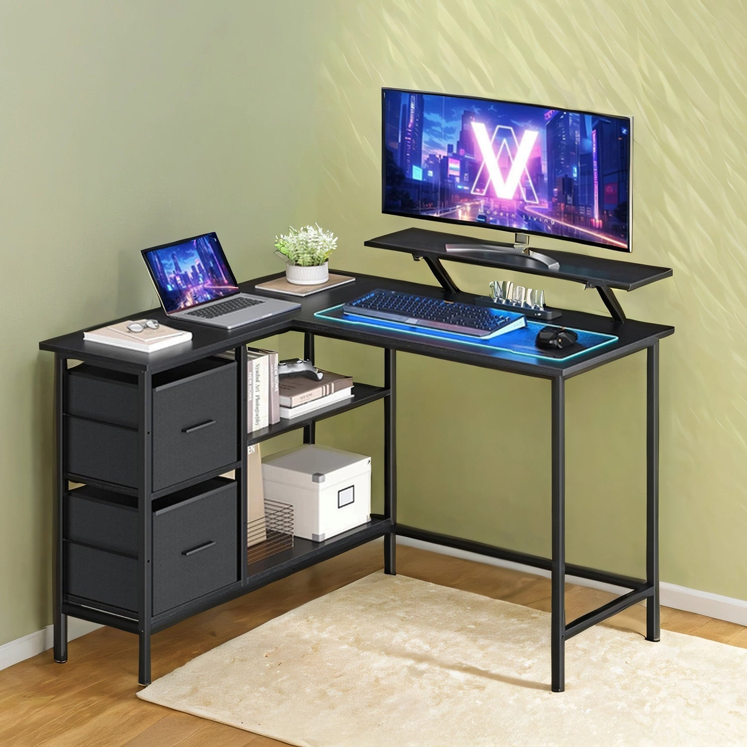 Corner Computer Desk – Wood – Black – L-Shaped with Adjustable Shelf and 2 Drawers