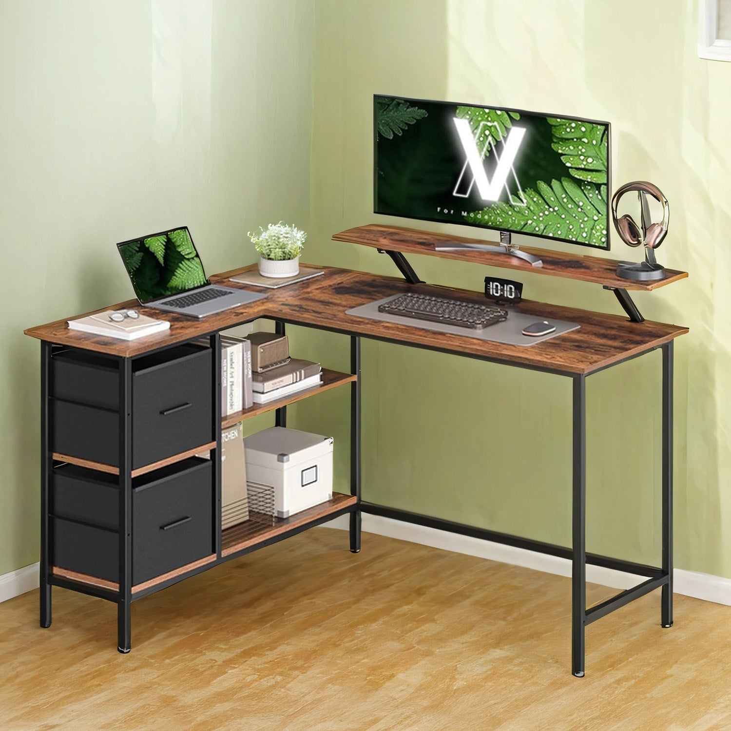 Corner Computer Desk – Wood – Brown – L-Shaped, Adjustable Shelf, 2 Spacious Drawers