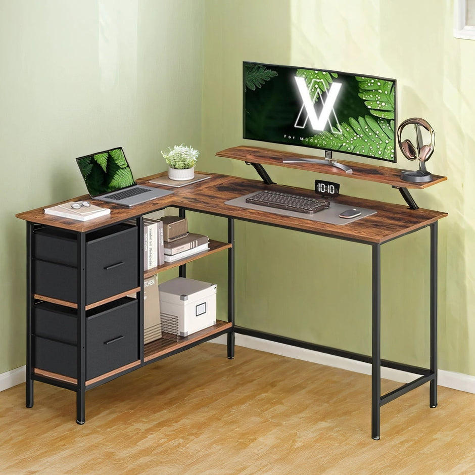Corner Computer Desk – Wood – Brown – L-Shaped, Adjustable Shelf, 2 Spacious Drawers
