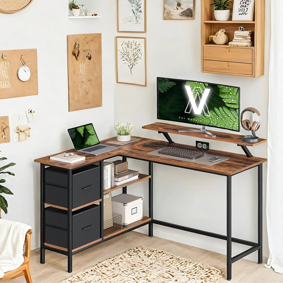 Corner Computer Desk – Wood – Brown – L-Shaped, Adjustable Shelf, 2 Spacious Drawers