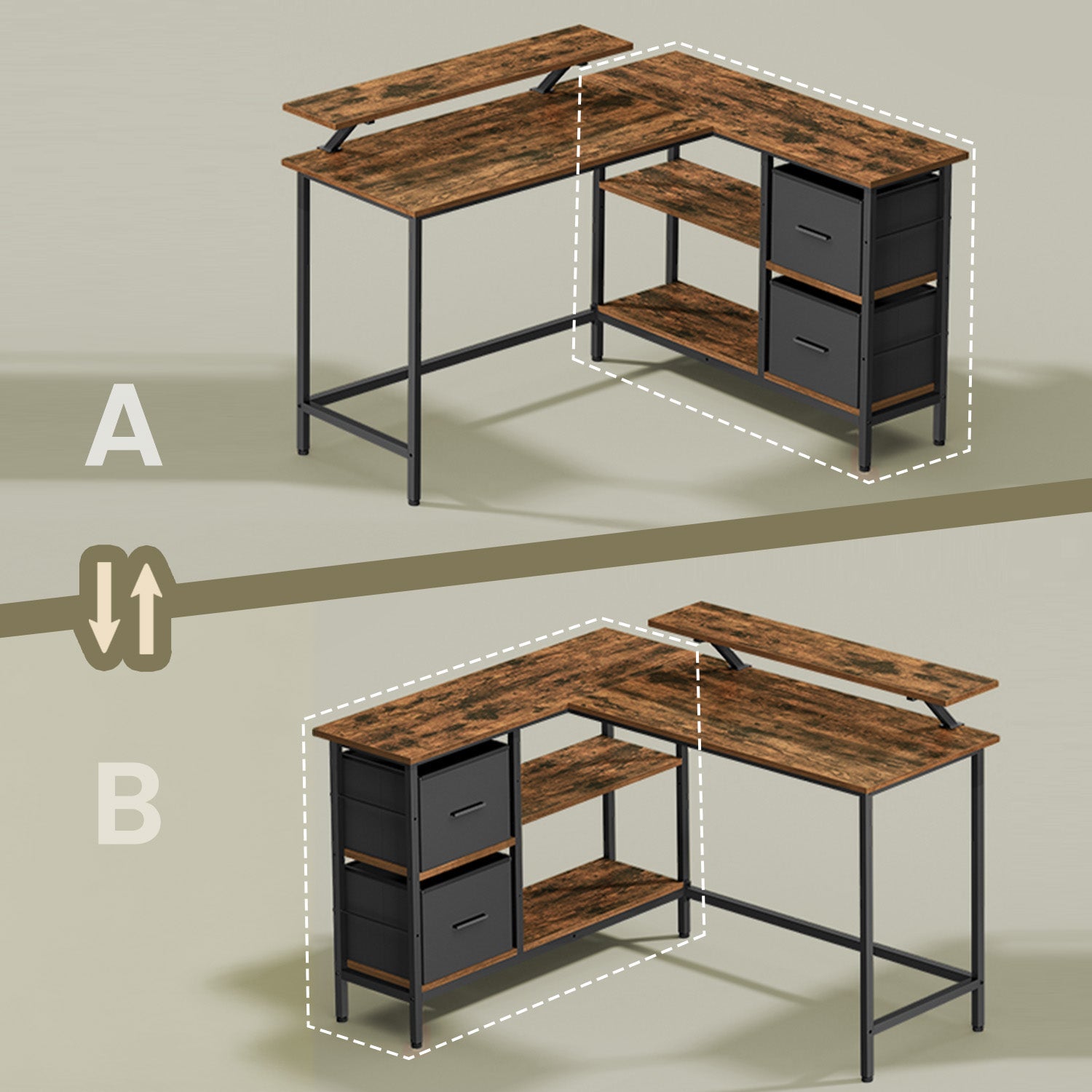 Corner Computer Desk – Wood – Brown – L-Shaped, Adjustable Shelf, 2 Spacious Drawers