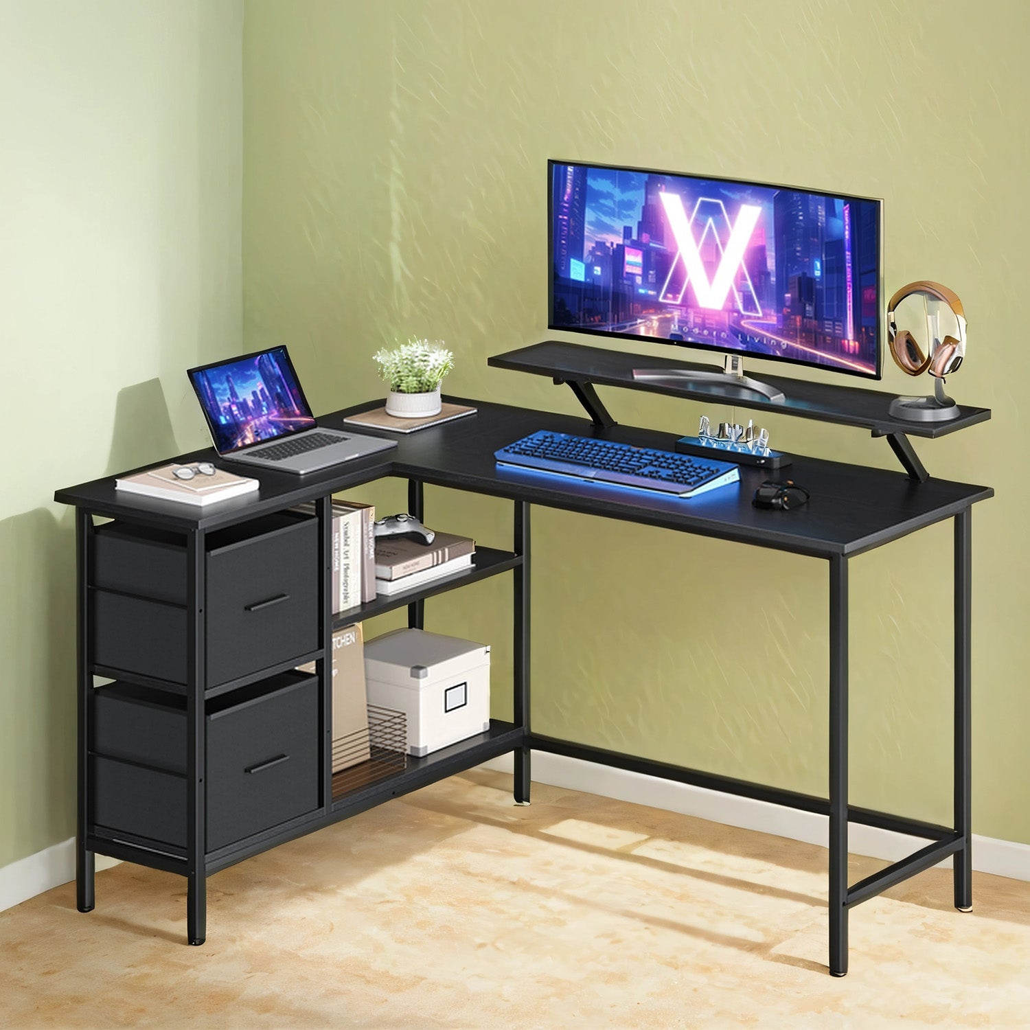 L-Shaped Gaming Desk – Wood – Black – Features Monitor Stand, Drawers, and Adjustable Shelf