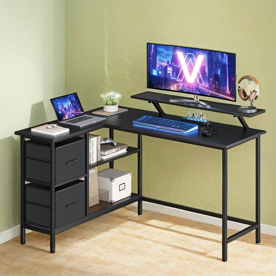 L-Shaped Gaming Desk – Wood – Black – Features Monitor Stand, Drawers, and Adjustable Shelf