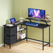 L-Shaped Gaming Desk – Wood – Black – Features Monitor Stand, Drawers, and Adjustable Shelf