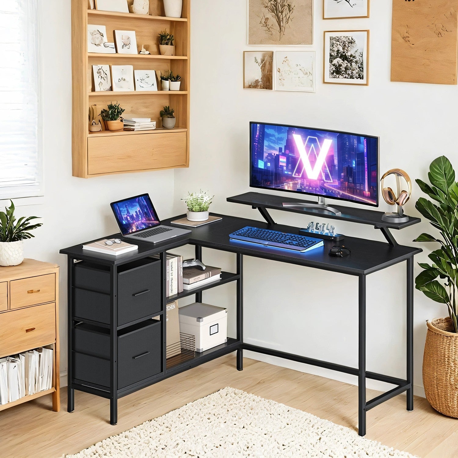 L-Shaped Gaming Desk – Wood – Black – Features Monitor Stand, Drawers, and Adjustable Shelf