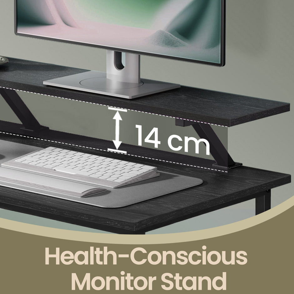 L-Shaped Gaming Desk – Wood – Black – Features Monitor Stand, Drawers, and Adjustable Shelf
