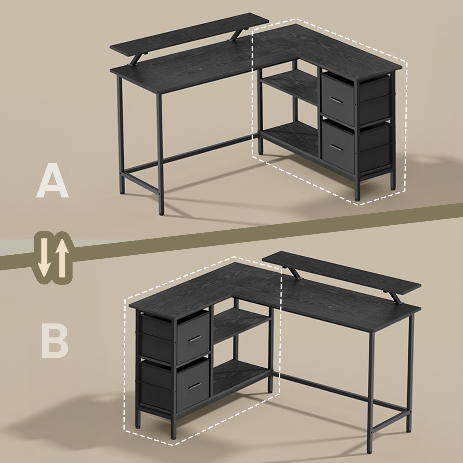 L-Shaped Gaming Desk – Wood – Black – Features Monitor Stand, Drawers, and Adjustable Shelf