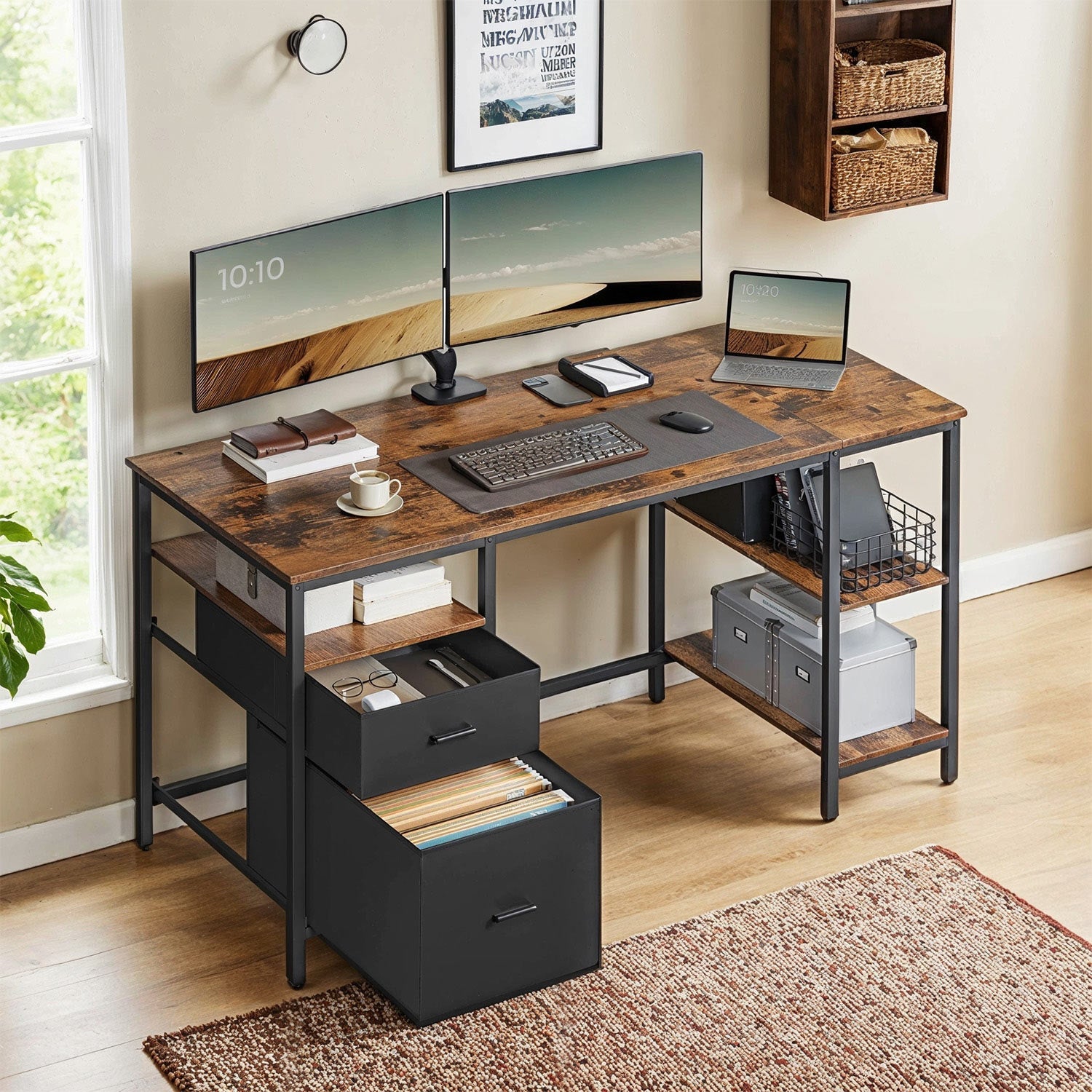 Office Computer Desk – Wood – Vintage – 3 Shelves, 2 Drawers, Adjustable Feet