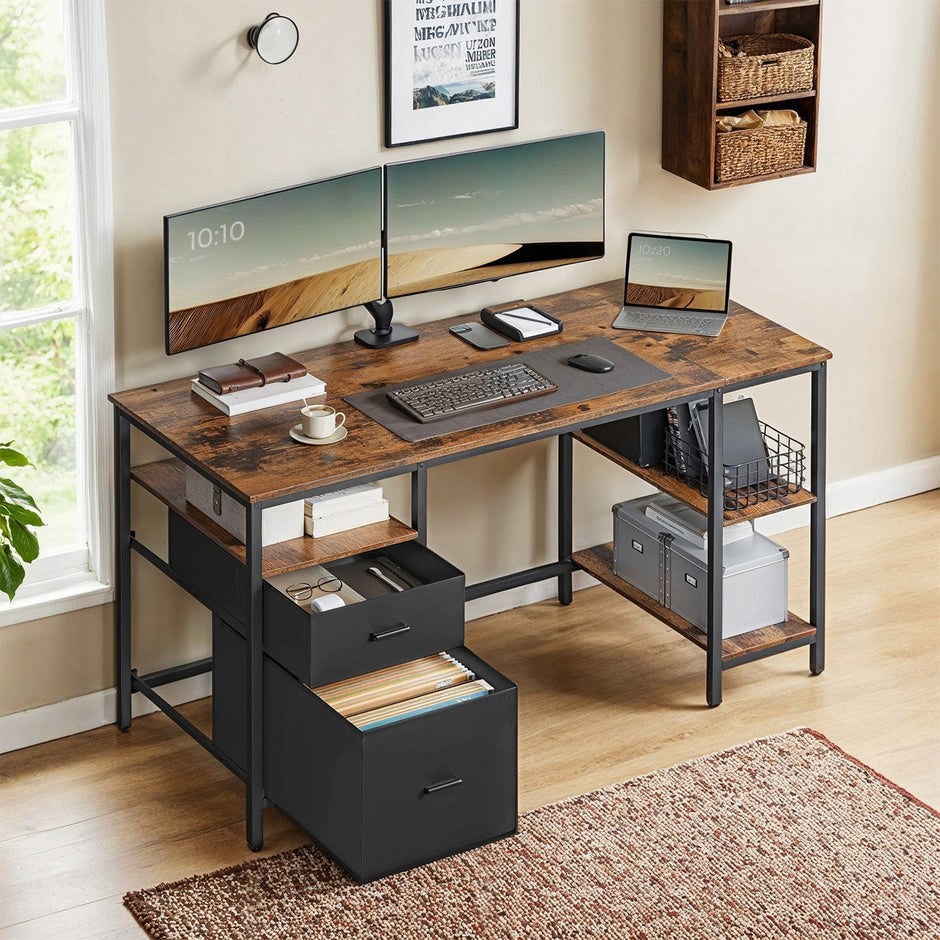 Office Computer Desk – Wood – Vintage – 3 Shelves, 2 Drawers, Adjustable Feet