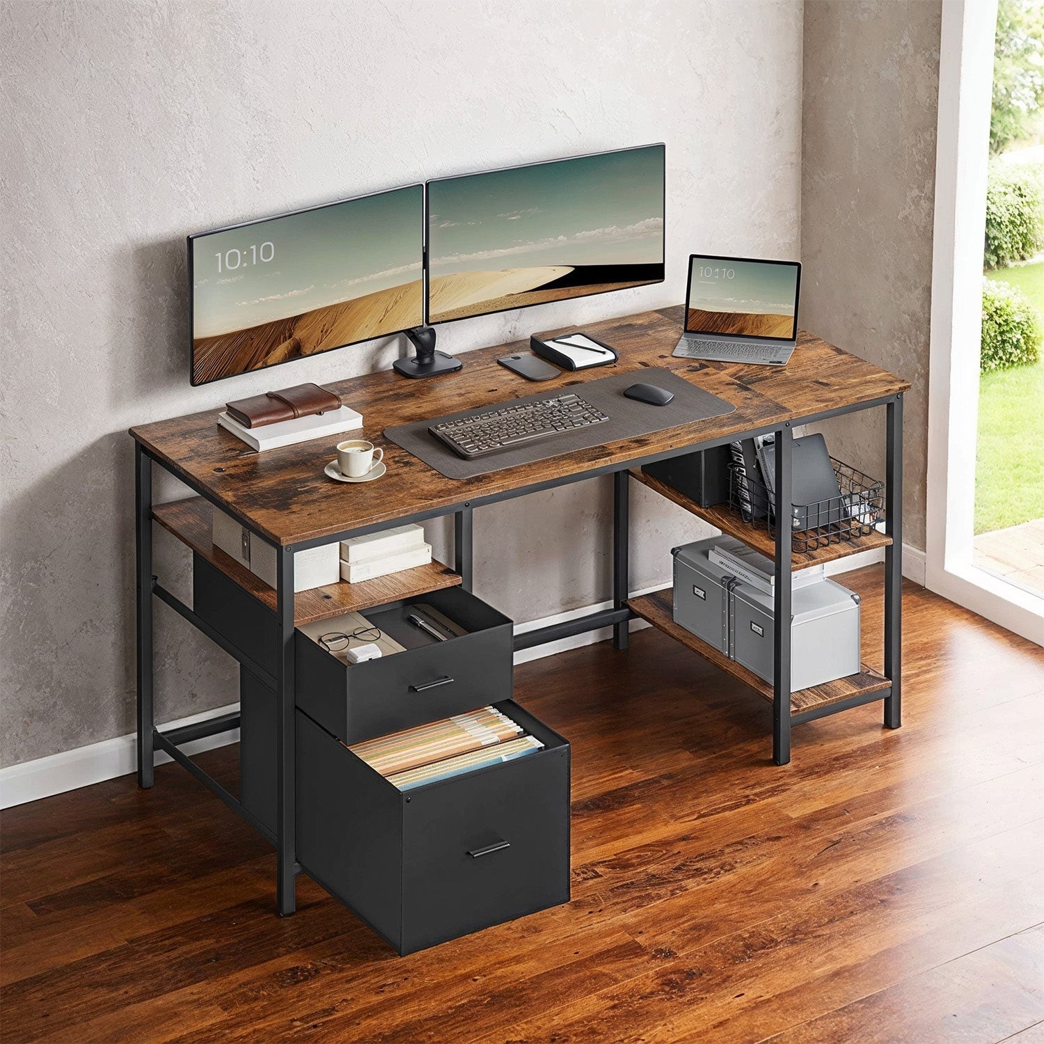 Office Computer Desk – Wood – Vintage – 3 Shelves, 2 Drawers, Adjustable Feet