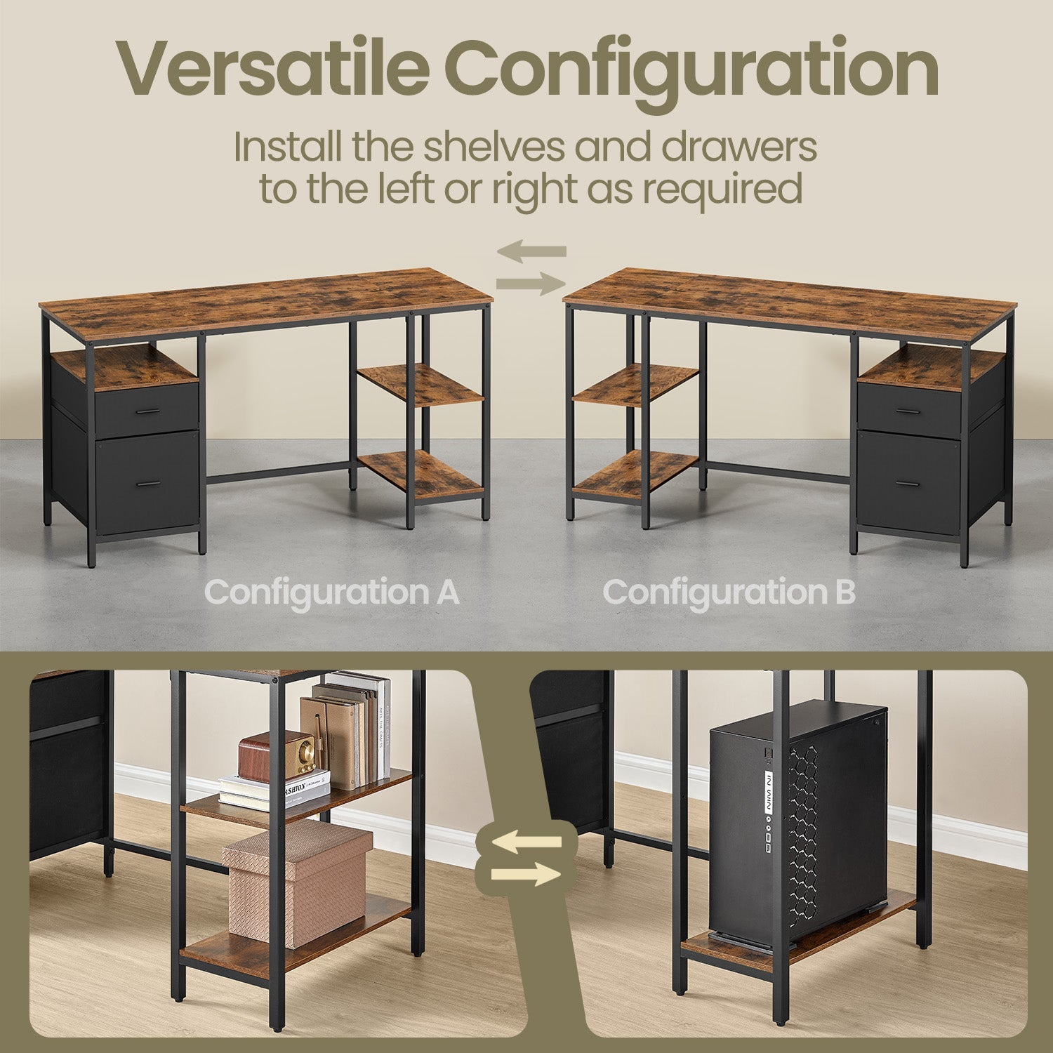 Office Computer Desk – Wood – Vintage – 3 Shelves, 2 Drawers, Adjustable Feet