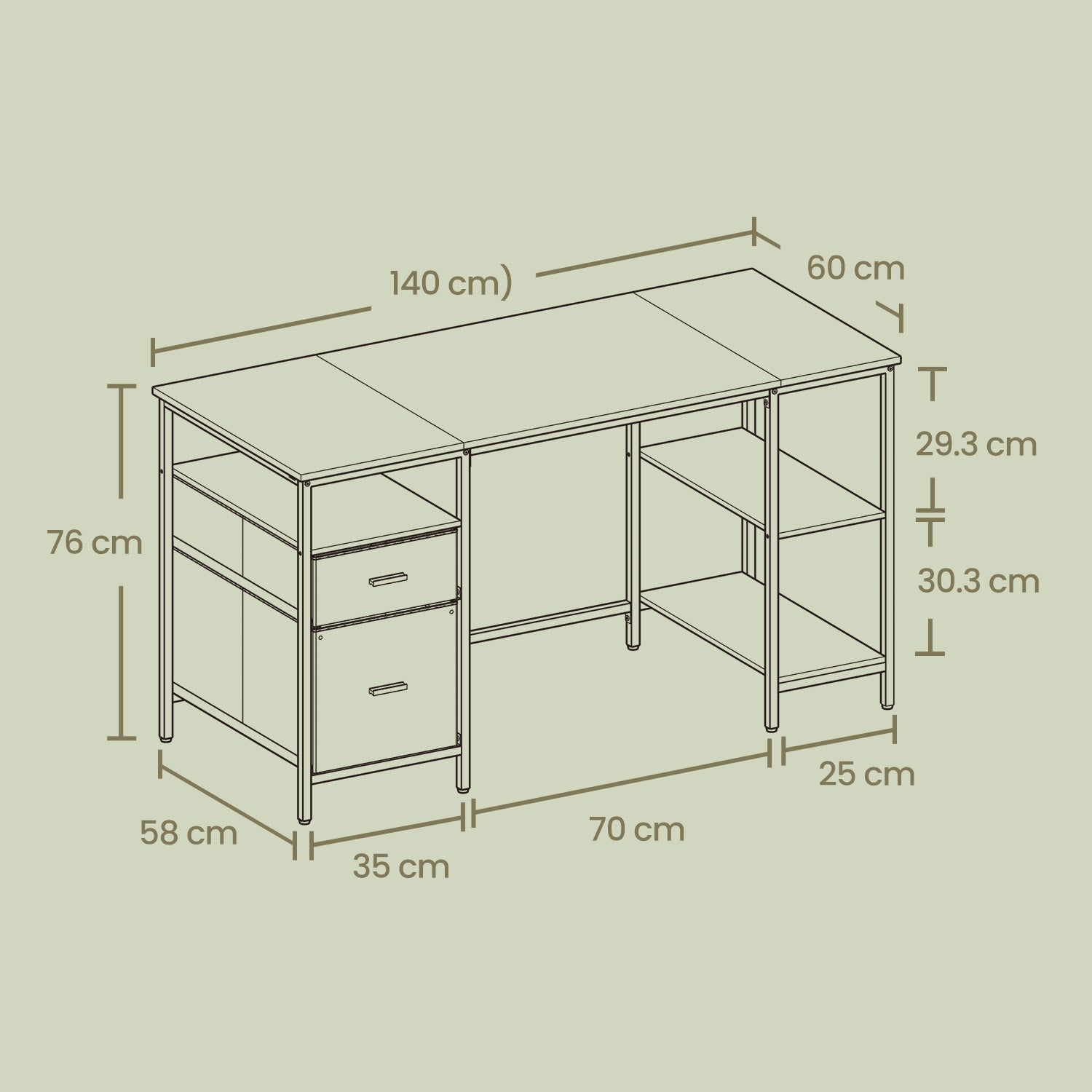 Office Computer Desk – Wood – Vintage – 3 Shelves, 2 Drawers, Adjustable Feet