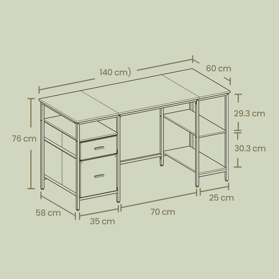 Office Computer Desk – Wood – Vintage – 3 Shelves, 2 Drawers, Adjustable Feet