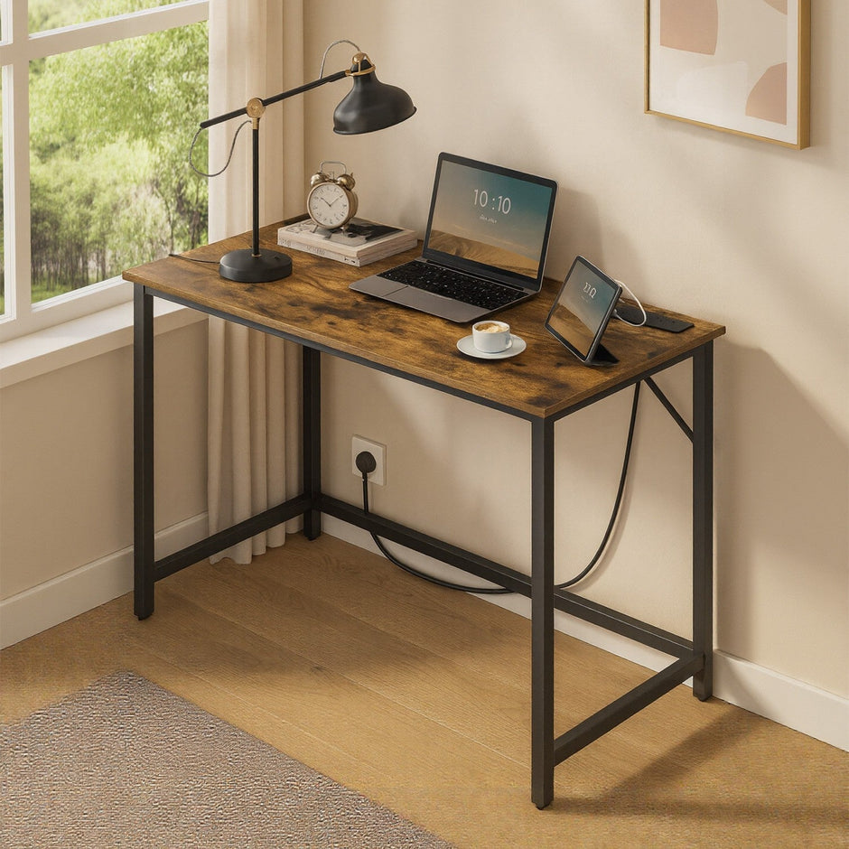 Gaming Desk – Wood – Black – LED Lighting and Built-in Power Outlets
