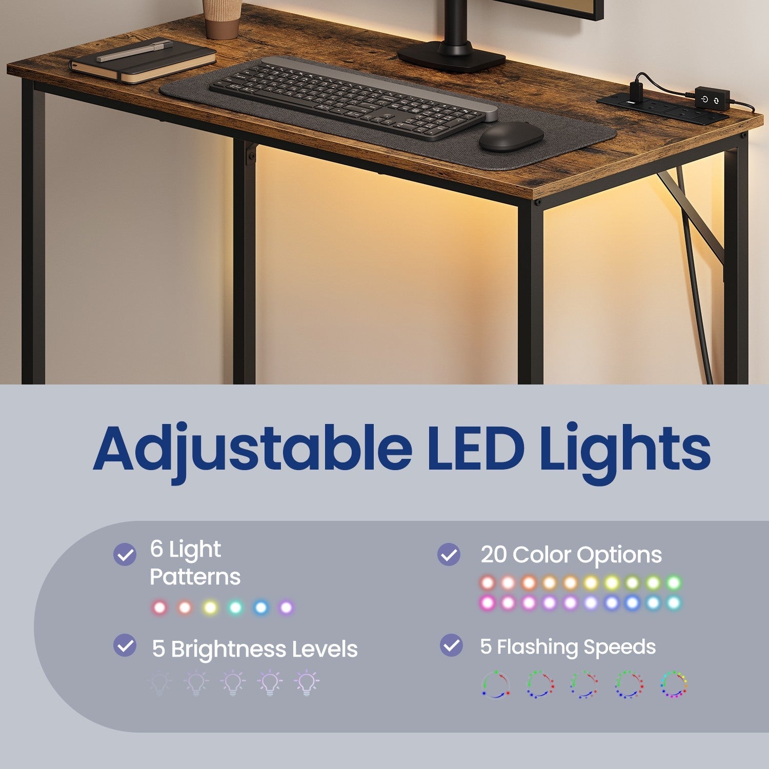 Gaming Desk – Wood – Black – LED Lighting and Built-in Power Outlets