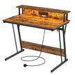 Gaming Desk – Wood – Black – Monitor Shelf and Built-In Power Outlets with LED Lights