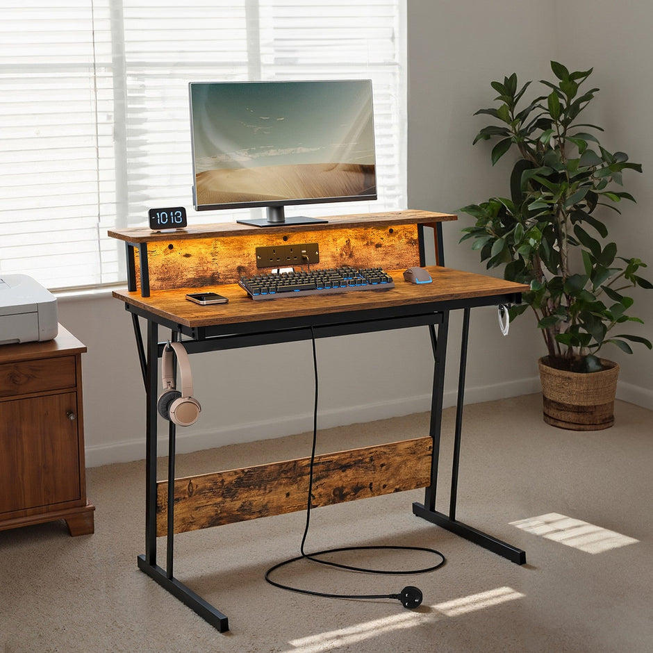 Gaming Desk – Wood – Black – Monitor Shelf and Built-In Power Outlets with LED Lights